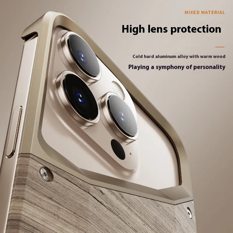 Hollow solid wood phone case with aluminium alloy frame in desert gold colour for iPhone