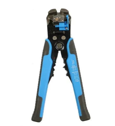 Yellow automatic 3-in-1 wire stripper and crimping pliers tool with adjustment screw.