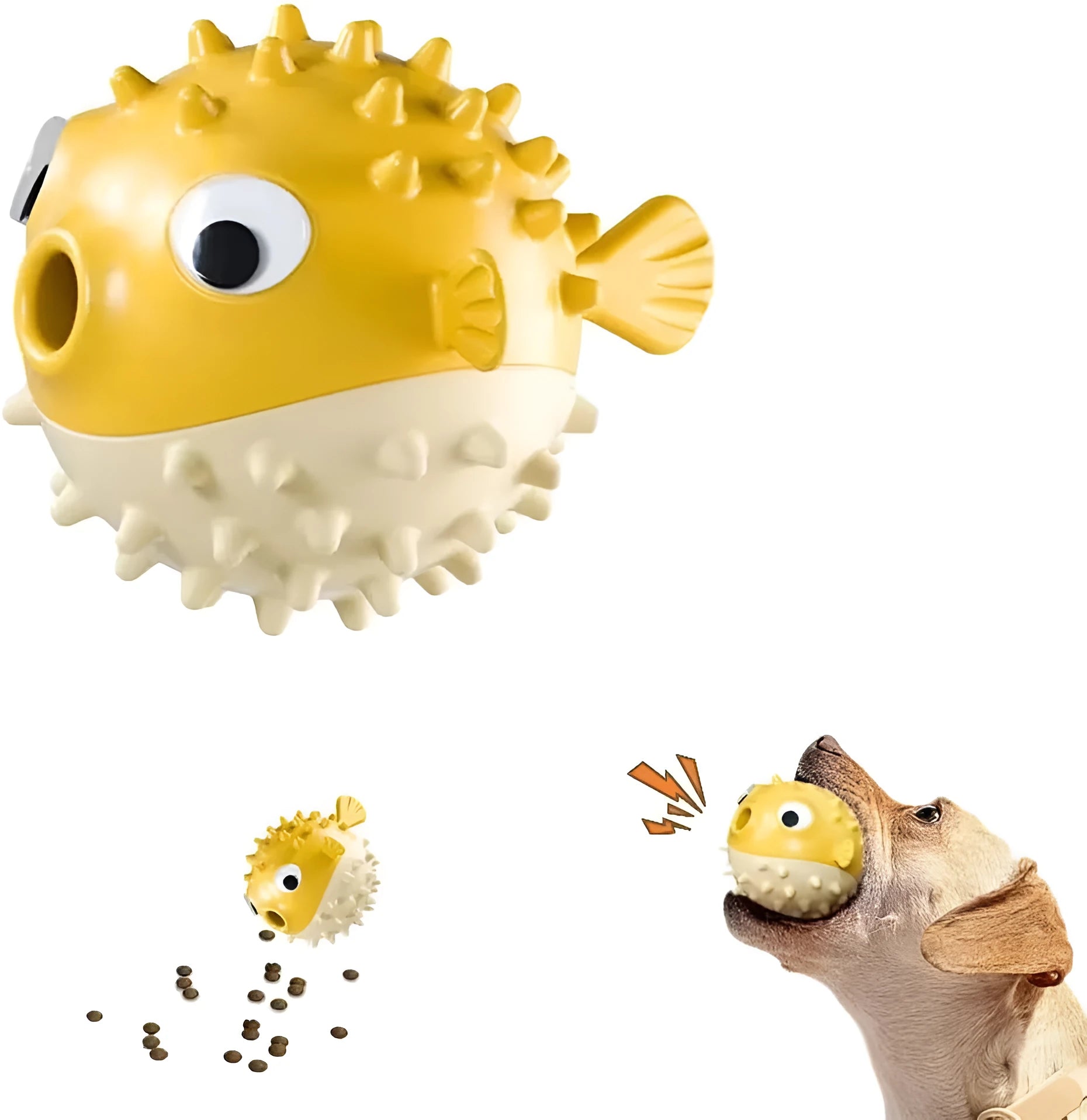 Green fish-shaped interactive dog chew toy with textured surface for treat dispensing