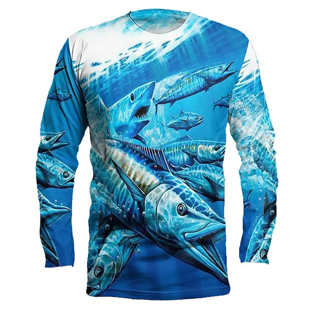 Men's fish printed long-sleeved pullover top in milk silk polyester fabric showing round neck design