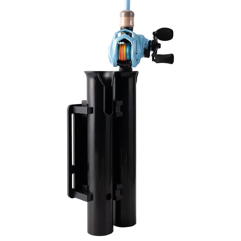 Double-layer plastic fishing rod rack with adjustable clamp mounted on bicycle frame