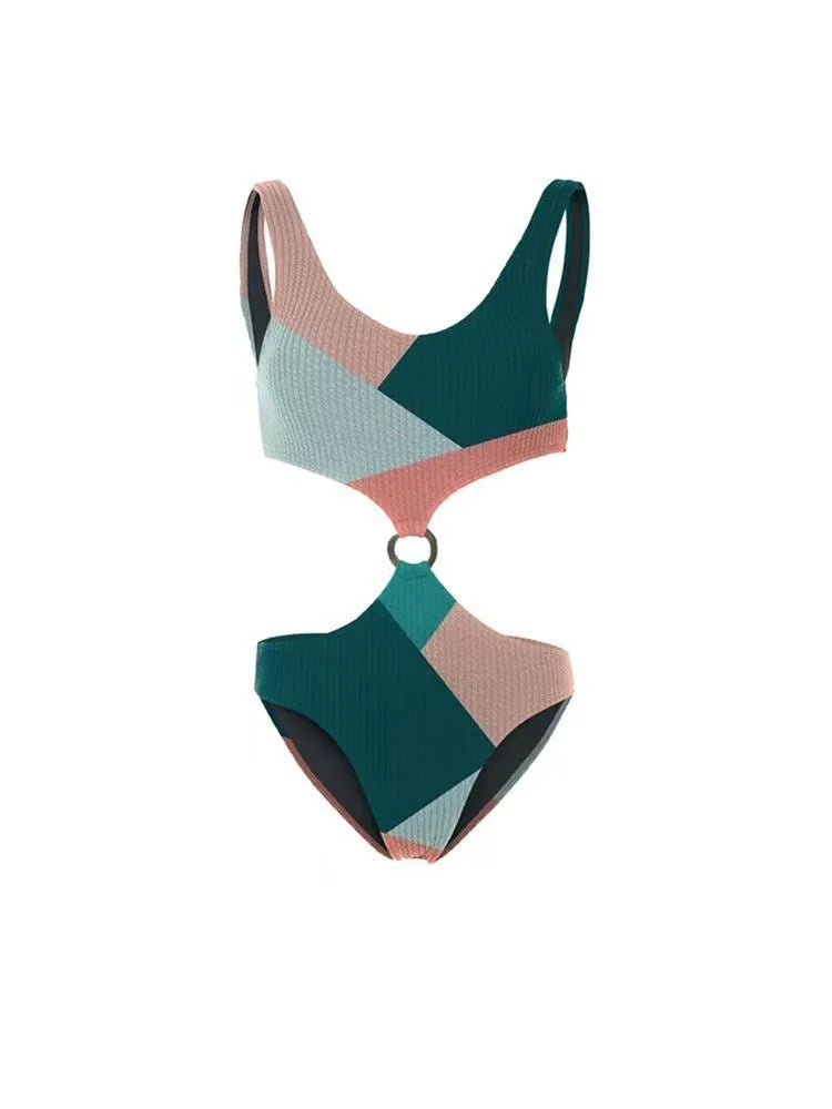 Women's two-piece polyester swimsuit bikini set with contrasting mesh gauze skirt