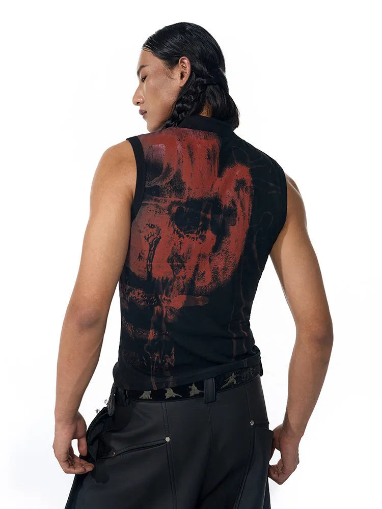 Black half turtleneck sleeveless t-shirt with character pattern print in slim Korean style fit
