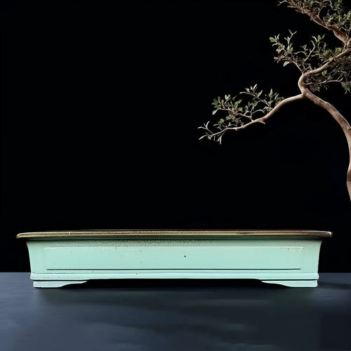 Green handmade ceramic bonsai flower pot with a purple sand crackled glaze finish.