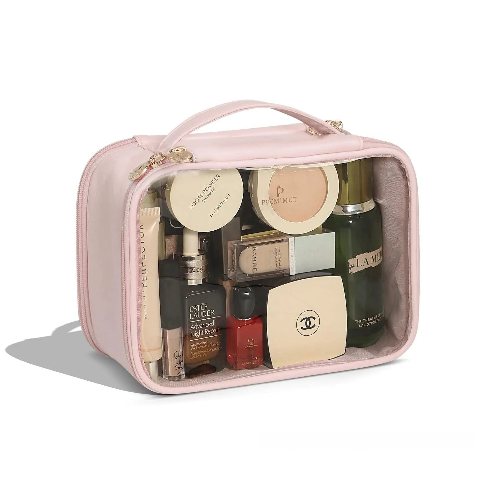 Transparent PVC cosmetic bag with dry-wet separation compartments in multiple colour options