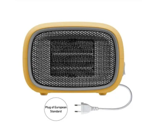 Mini ceramic heater with compact dimensions and green, white, or yellow colour options