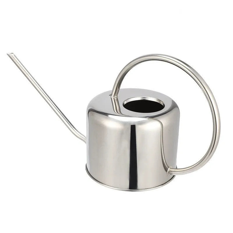 Stainless steel watering can with long spout, 2 litre capacity, in black, gold or steel finish.
