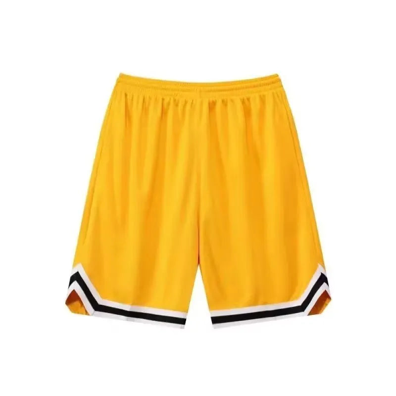 Men's loose-fit polyester sports shorts in various colours on a size chart.
