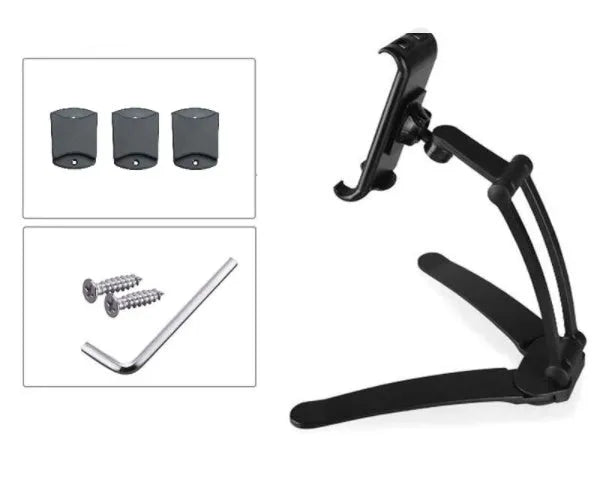 Silver aluminium alloy desktop tablet stand with white mount holding a tablet at an angle.