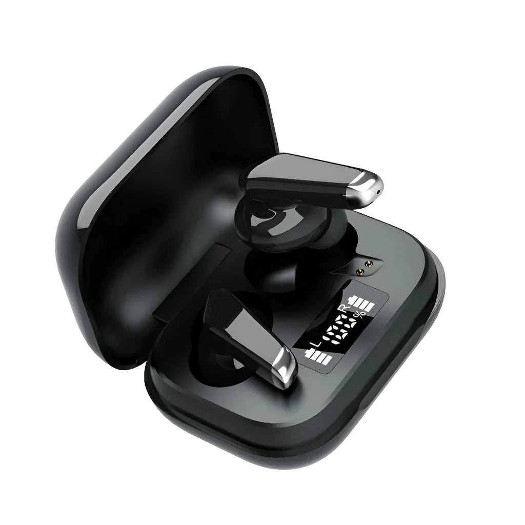 Digital display Bluetooth headset with 2400mAh charging case, black, touch control, waterproof for sports