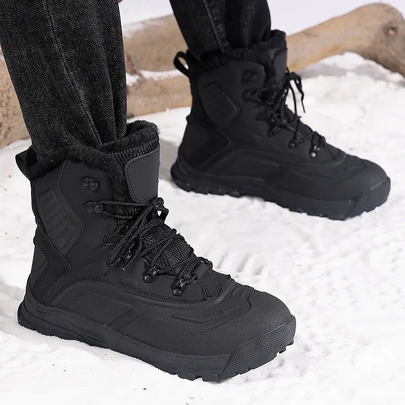 Men's black high-top lace-up boots with a fleece-lined interior and flat heel, shown from the side.