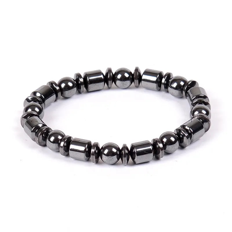 Black pentagram magnetic therapy bracelet with magnetite and hematite stones on stretch band