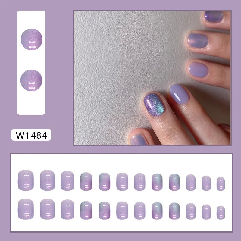 Starry sky Aurora artificial nails short style 24 pieces with adhesive glue