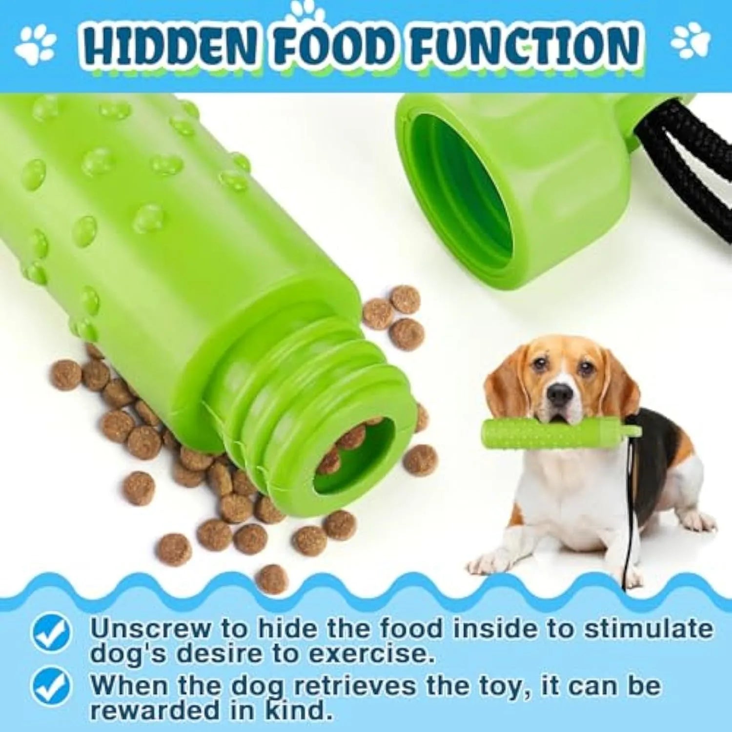 Two floating dog pool toys in red and green with rope handles on a blue background