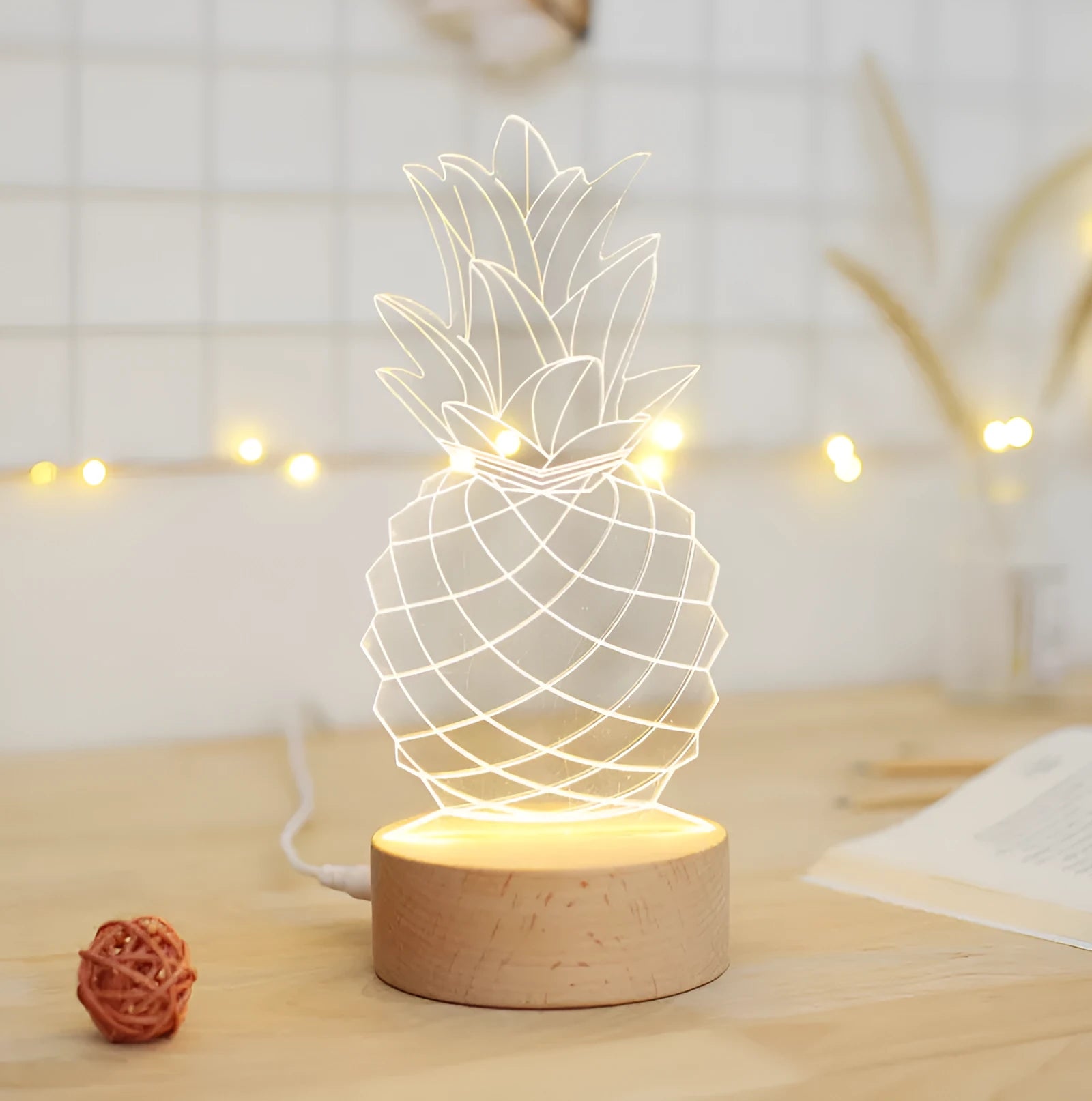 Wood and acrylic pineapple-shaped USB bedside lamp with dimmer switch