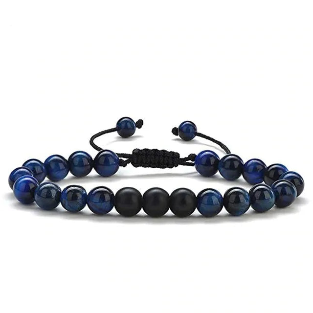 Geometric agate couple bracelets in tiger eye and matte black beads.