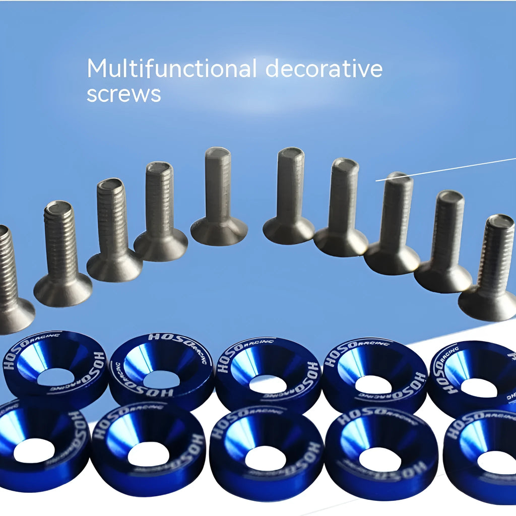 Car modification gasket screw bolt washer kit showing eight anodised colour options for engine bay customisation