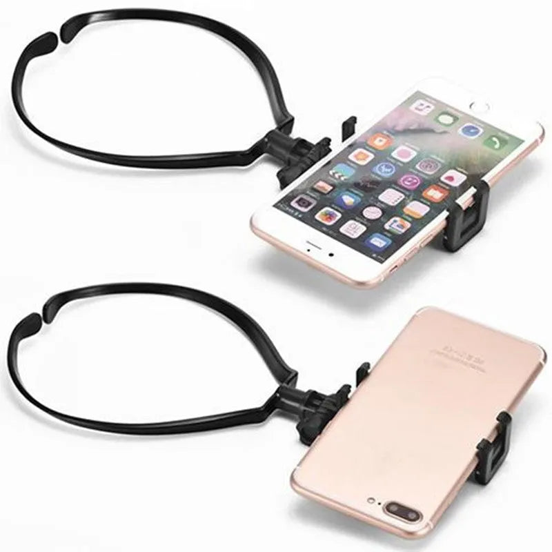 A black adjustable neck phone holder mounting a smartphone for hands-free filming.