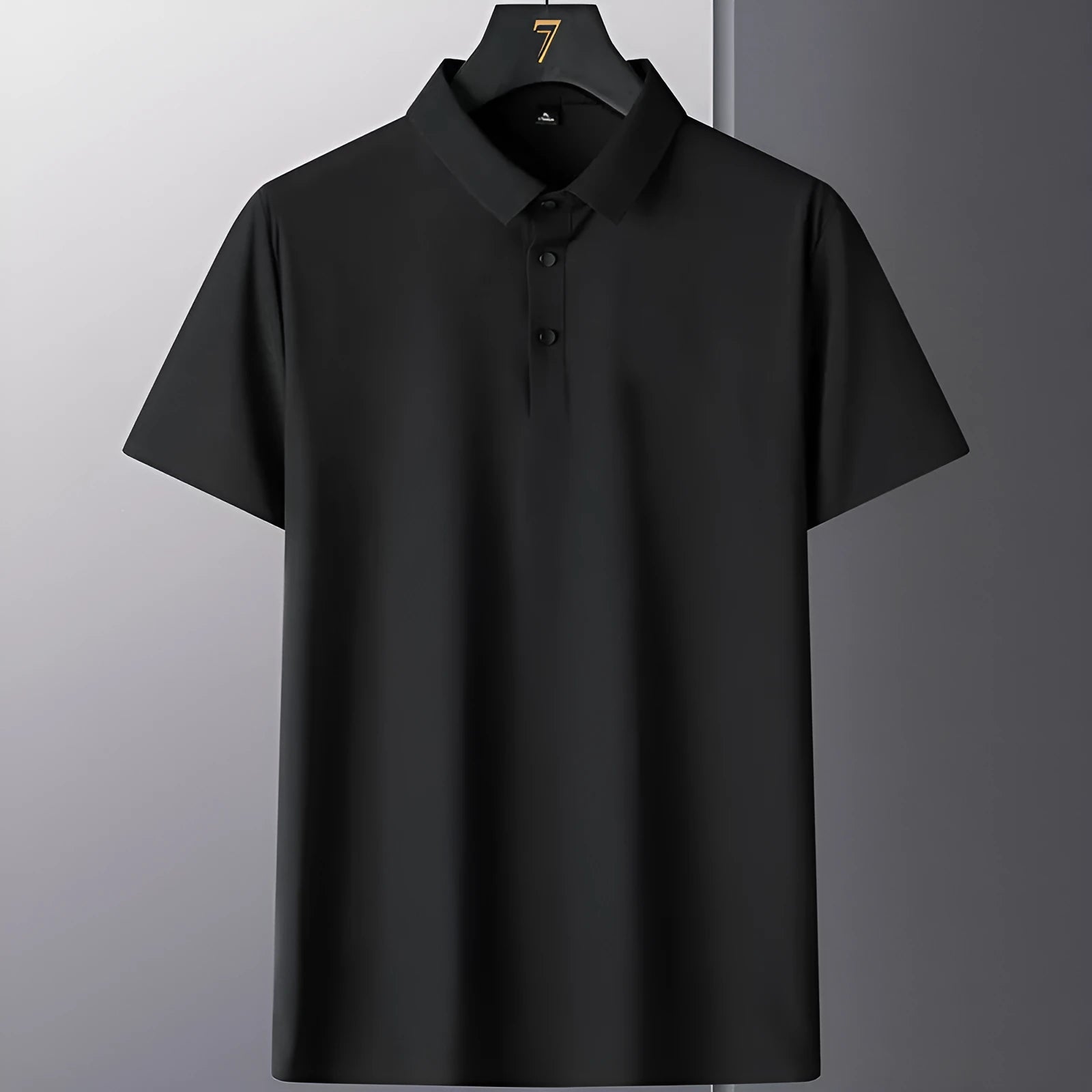 Non-ironing solid colour men's short sleeve business casual shirt on a hanger.