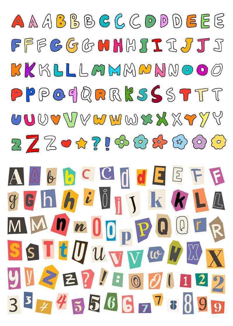 A4 sheet of colourful English alphabet, number, and word stickers in a cute style for decoration and organisation.