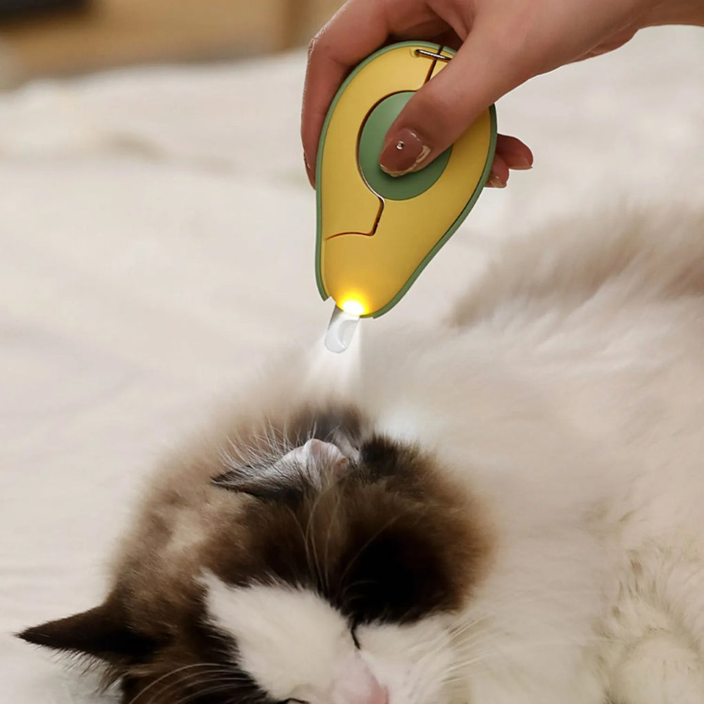 Professional LED pet nail clipper for small dogs and cats in green, pink, or white with safety guard.