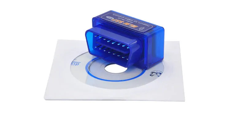 Compact blue and black Bluetooth OBD2 car diagnostic scanner with ELM327 chip.