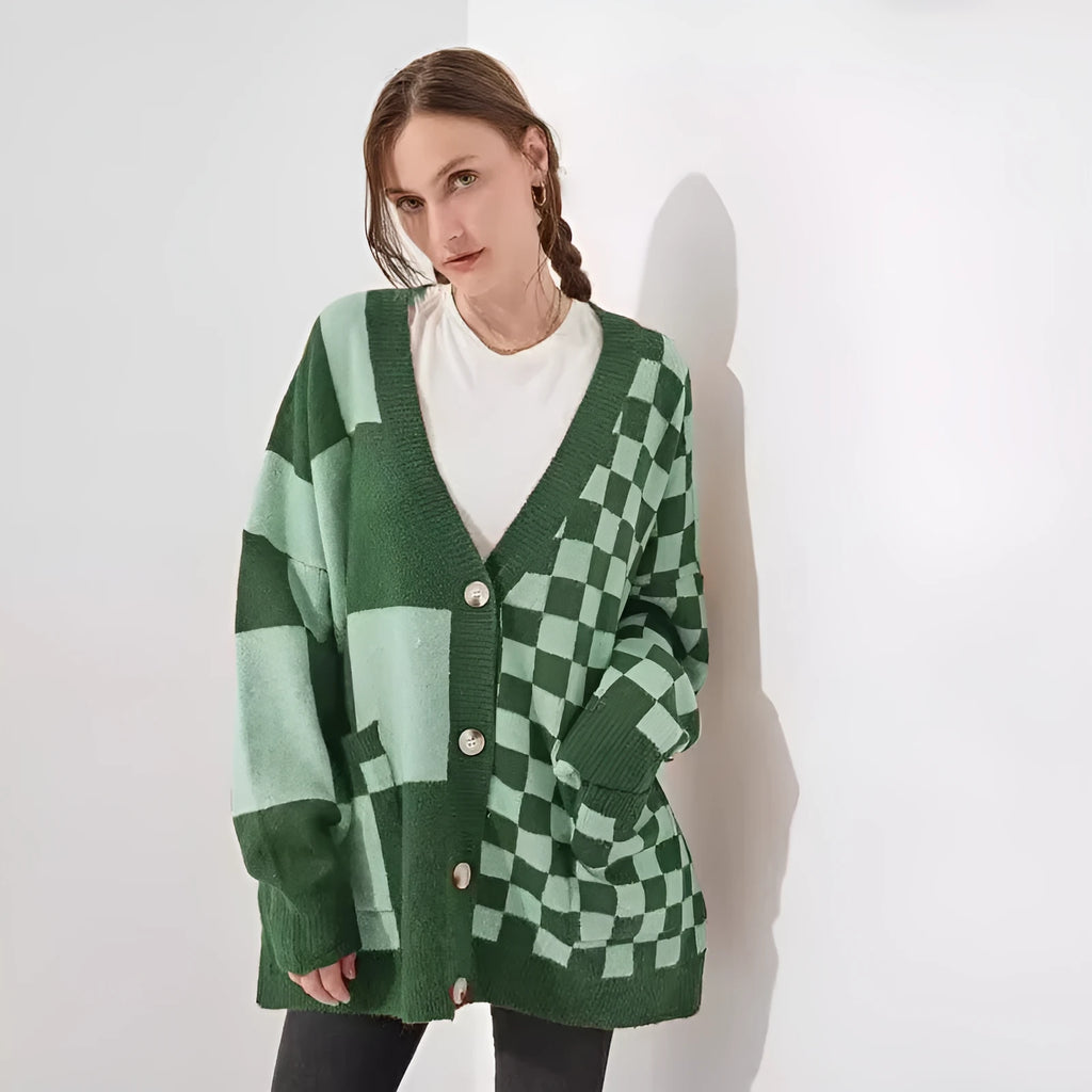 Loose slim fit cardigan with printed checks pattern in polyester spandex blend fabric