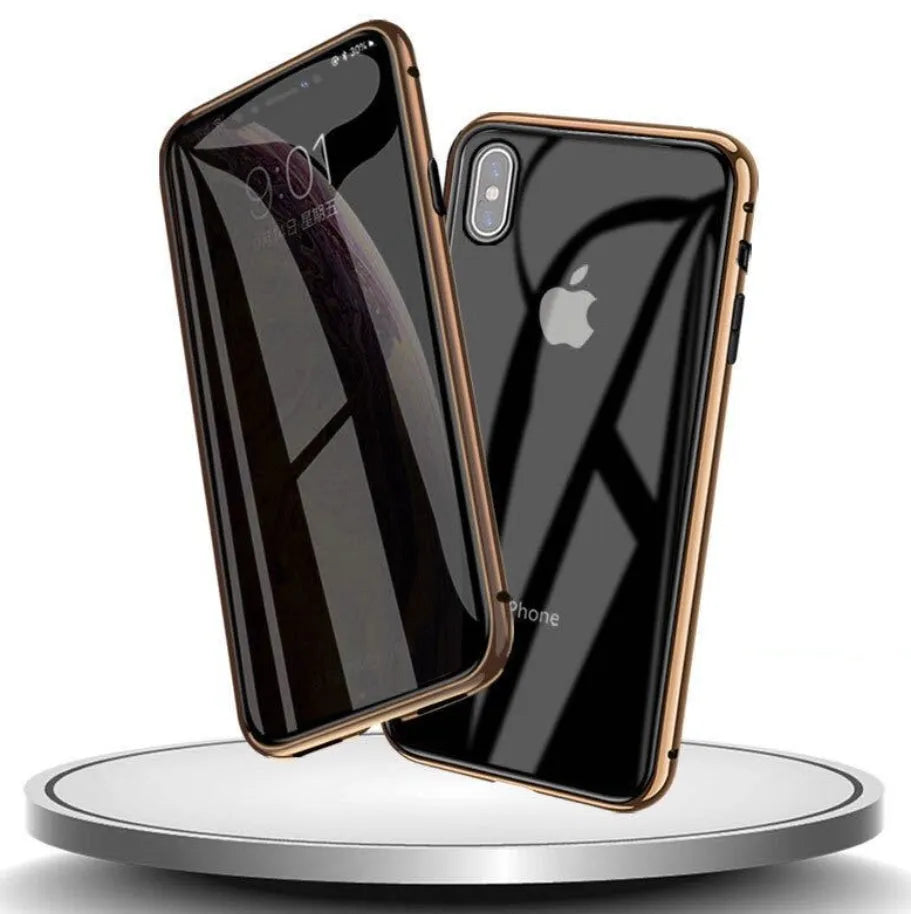 Glass anti-spy clamshell phone case in multiple colours for iPhone models on a table.