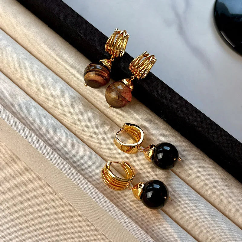 Maillard tigereye geometric earrings for women with real gold plating in brown and black colours