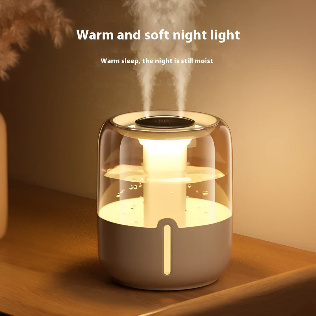Round beige USB-powered humidifier with dual spray nozzles, a front display, and control gear.