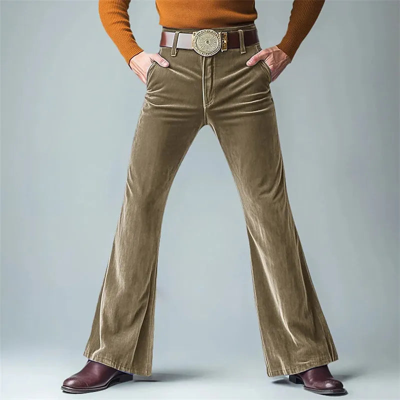 Men's gold velvet slim flared suit trousers in black, dark red, green, blue, khaki, brown or yellow