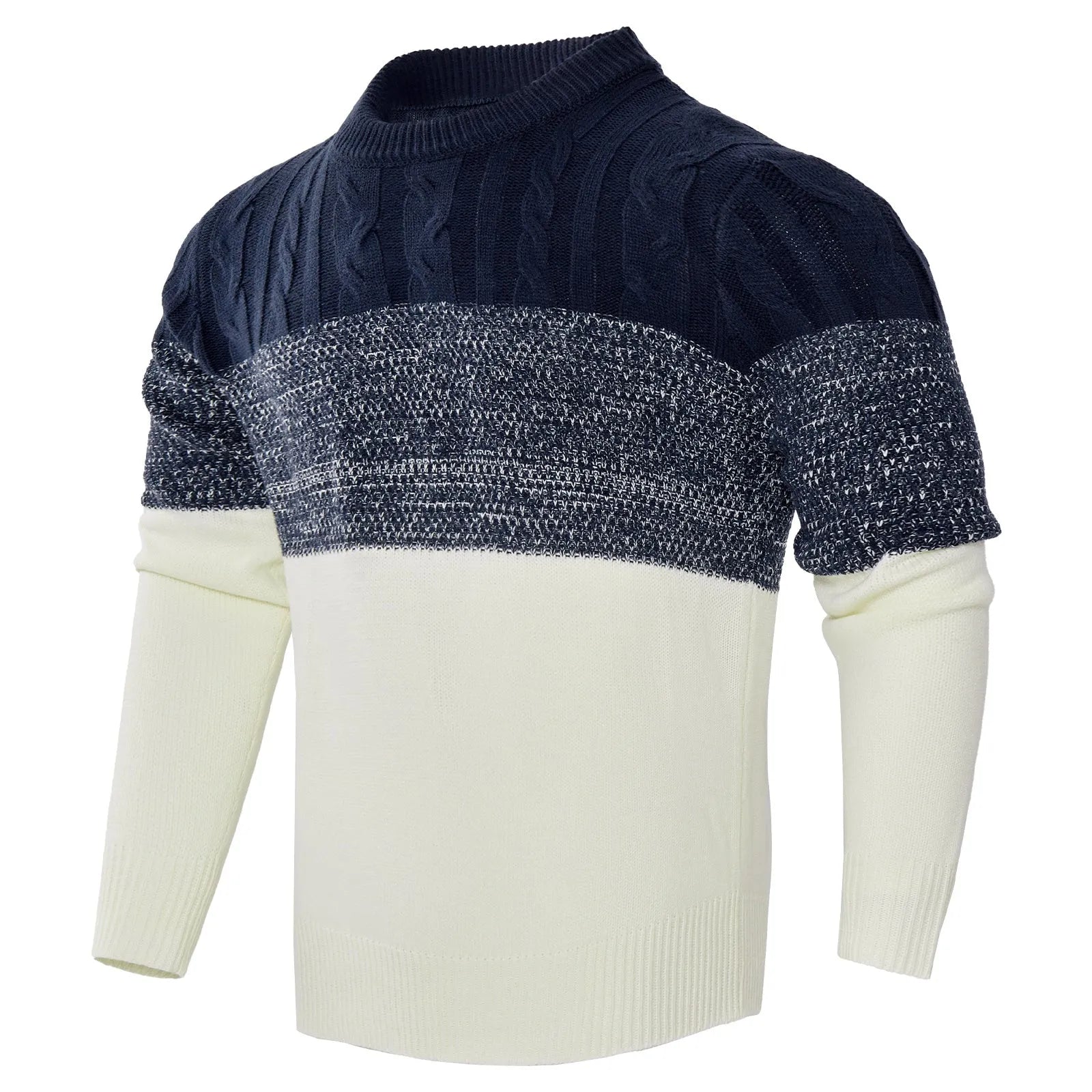 Men's knitted long-sleeved pullover sweater on a hanger, available in multiple sizes and styles.