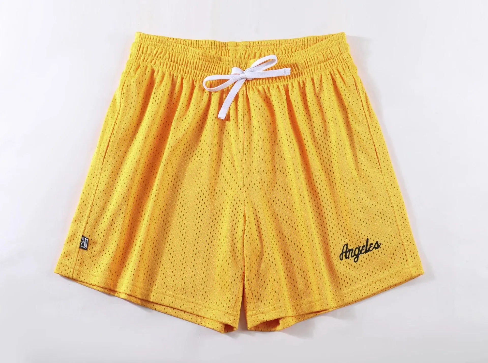 Men's black double-layer mesh sport shorts made from polyester fabric.