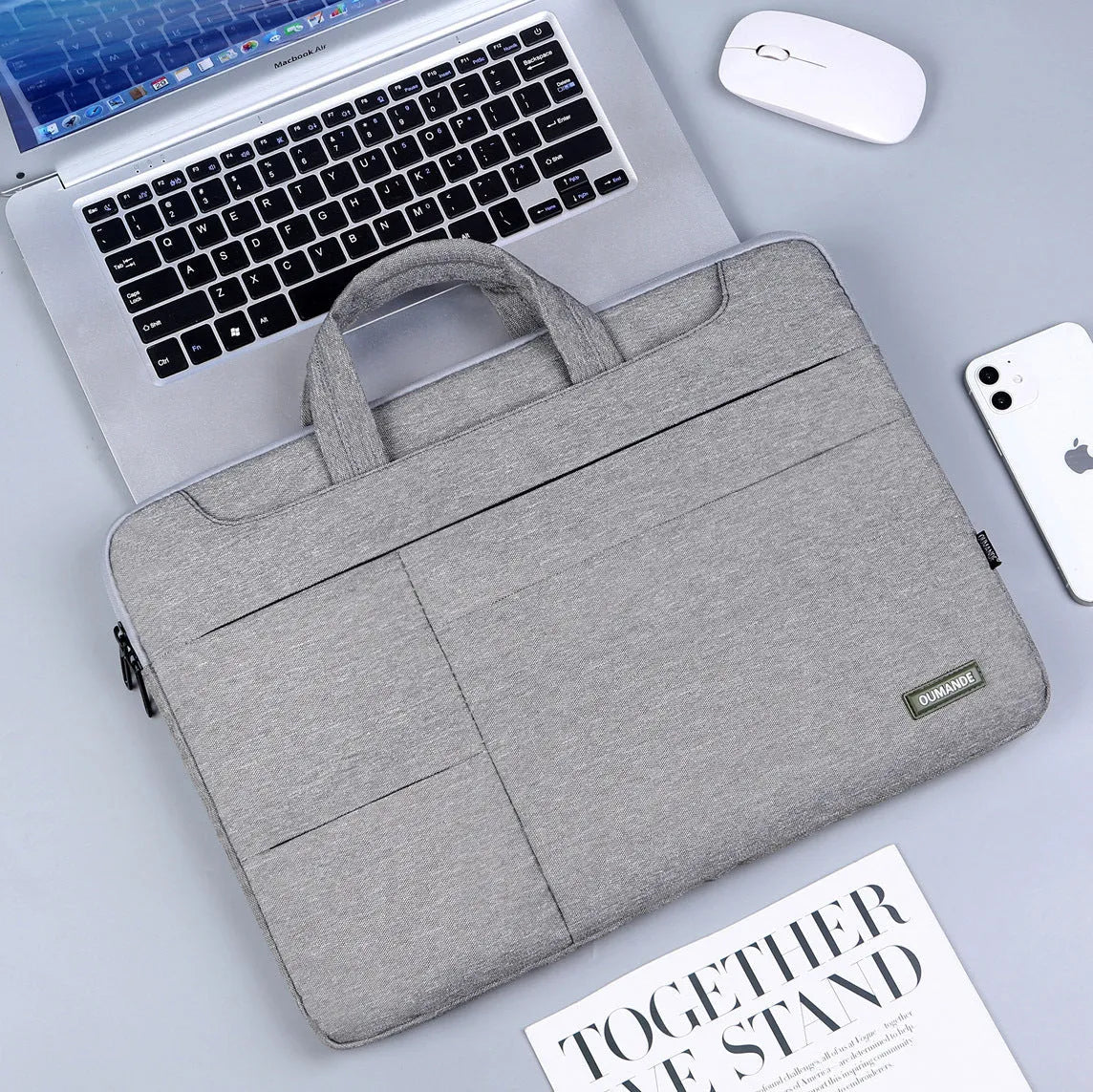 15.6-inch waterproof Oxford cloth laptop bag in dark grey colour with visible sewing lines