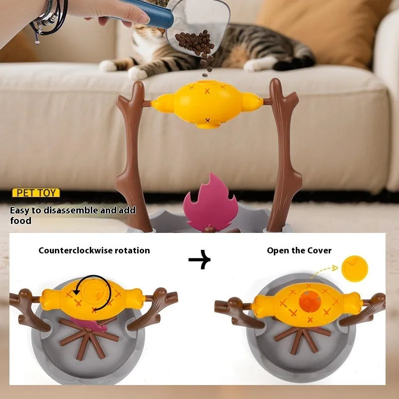 Barbecue-themed tumbling cat food feeder toy with leakage mechanism for freeze-dried treats