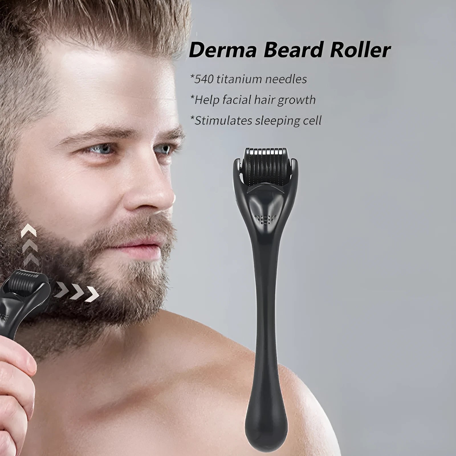 Black and purple derma rollers with 540 titanium microneedles, showing six needle size options from 0.2mm to 1.0mm.