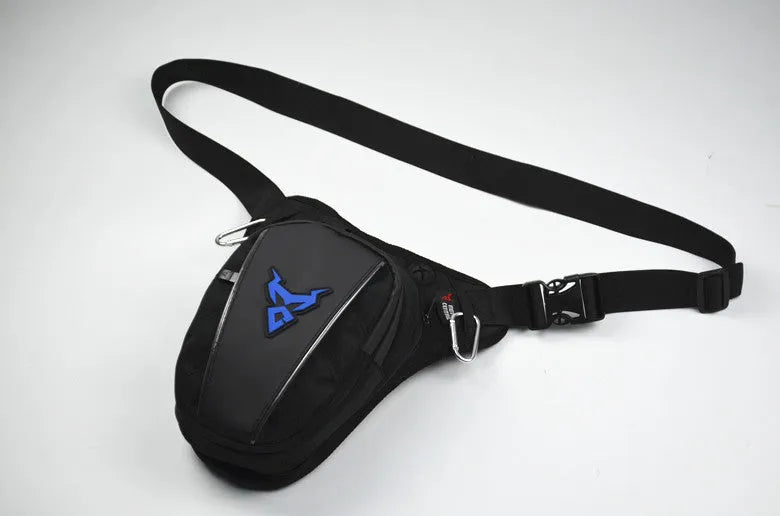 Motorcycle riding leg bag in 1200D Oxford cloth, shown in blue, with crossbody strap.