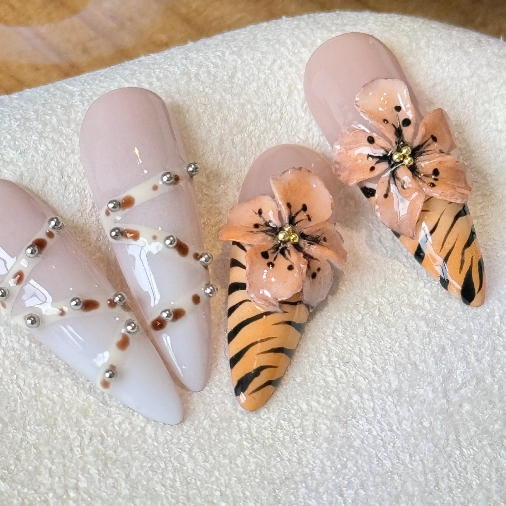 French style leopard print nail stickers with cross and floral patterns in wear-resistant long tip design