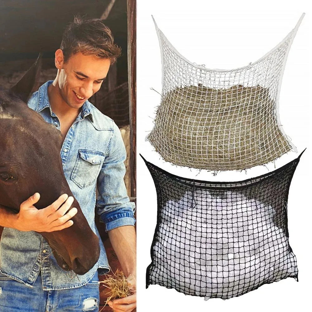 Black woven PE rope grid hanging feeding bag for horses and livestock.