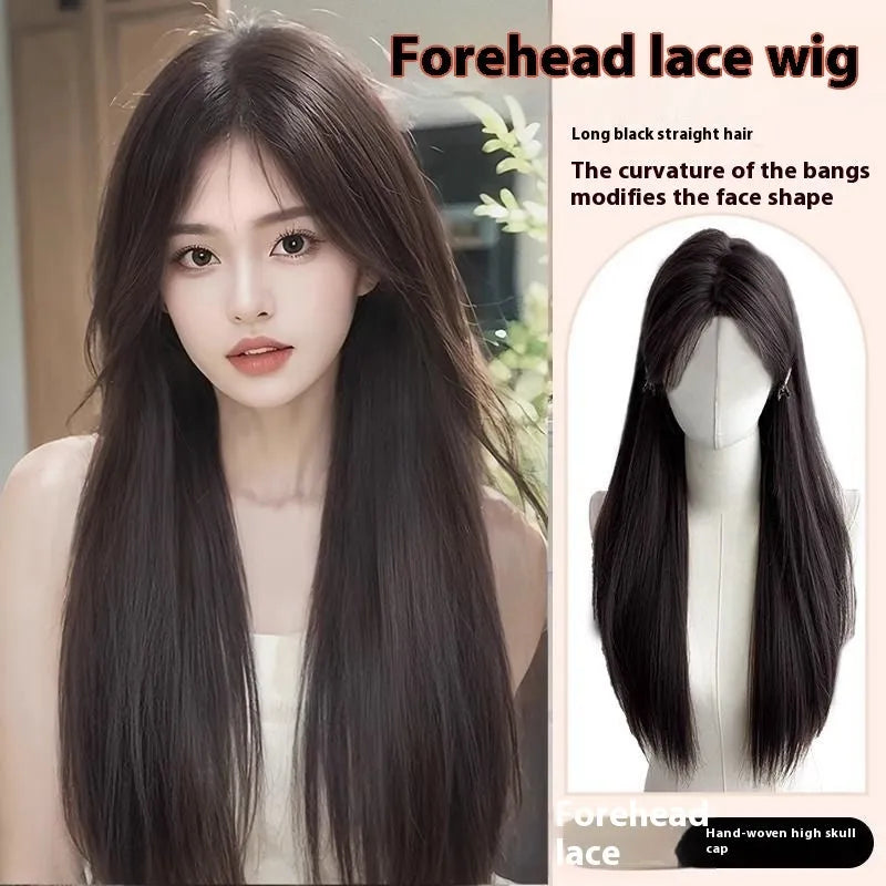 Forehead lace long straight wig with side bangs in high temperature fibre material