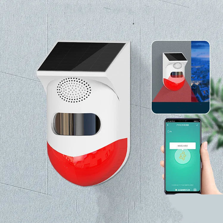 Solar powered infrared alarm with wireless remote control for outdoor property protection