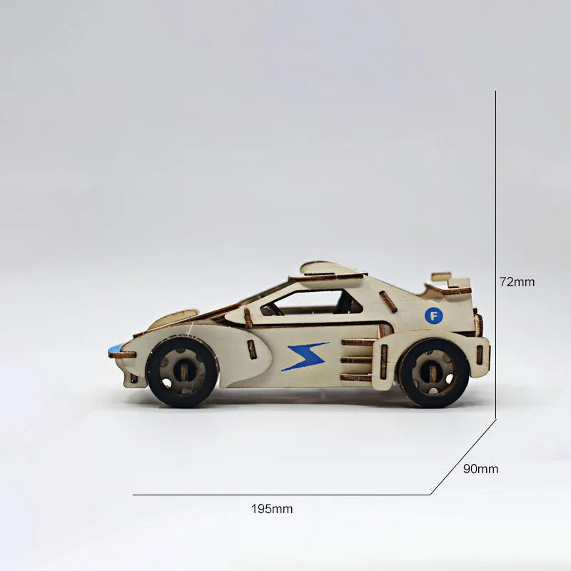 3D wooden puzzle kit showing a Ferrari style model with interlocking pieces on a table