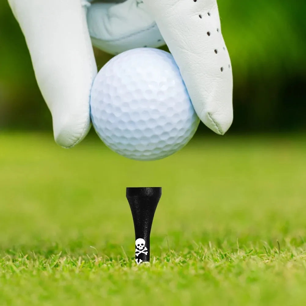 Black bamboo golf dowel pins with skull print in 70mm and 83mm lengths