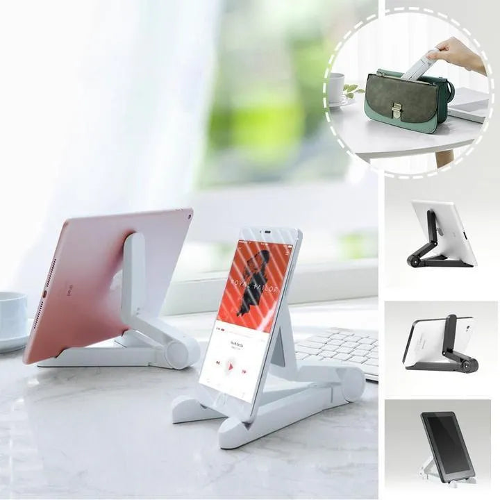 Black foldable tablet holder displaying smartphone in landscape position on desk