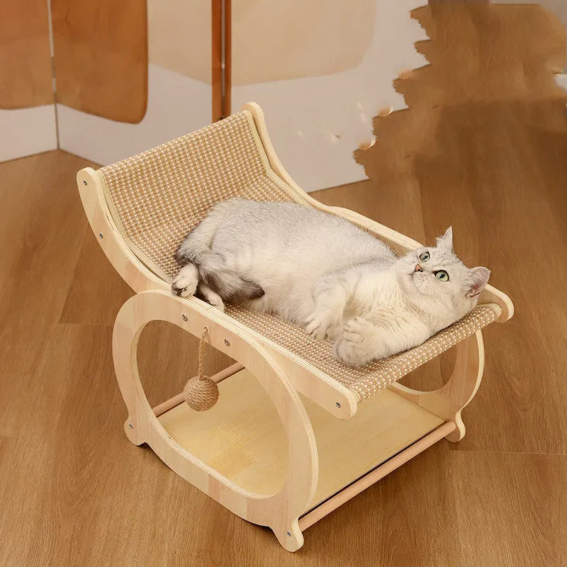 Solid wood cat scratching mat with sisal surface, serving as a raised bed in walnut colour finish.