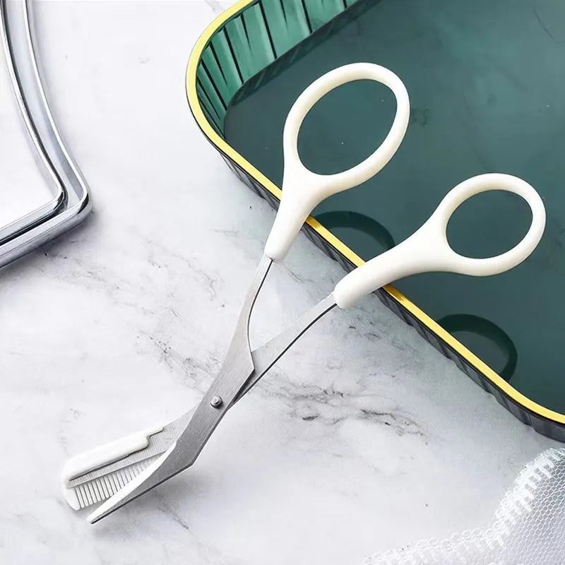 Curved moon eyebrow trimming knife with comb in white, pink, or green colours
