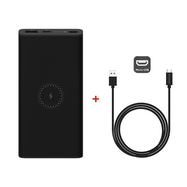 White or black 10000mAh capacity power bank showing USB-C port and wireless charging symbol