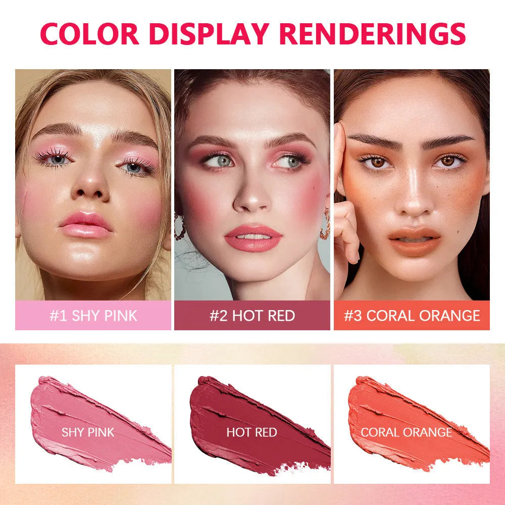 High-gloss portable solid blush cream in compact case, three shade options Shy Pink Hot Red Coral Orange