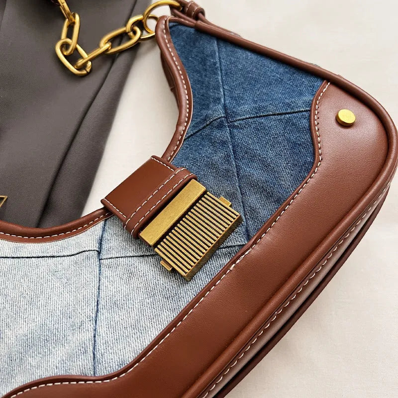 Brown denim women's shoulder bag with diamond chain detail and bucket shape