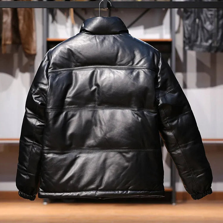 Men's black stand collar sheepskin down leather jacket with pocket decoration and white duck down filling